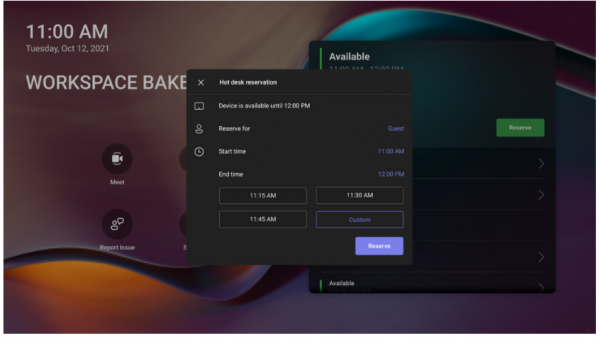Hot Desking auf dem Teams-Display Hot Desking auf dem Microsoft Teams-Display ermöglicht es Mitarbeiter*innen, schnell flexible Arbeitsbereiche zu finden und zu reservieren, Anrufe zu tätigen, Ad-hoc-Meetings einzurichten oder sich anzumelden. Mit Hot Desking können Mitarbeiter*innen einen Arbeitsbereich im Voraus über Teams und Microsoft Outlook oder direkt von ihrem Gerät aus reservieren, wenn sie bereits im Büro sind.