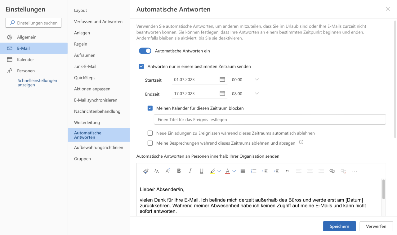 Outlook Abwesenheit einrichten