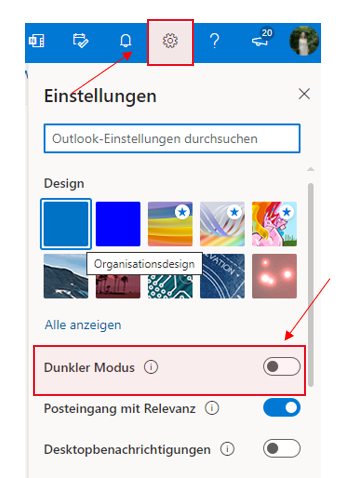 screenshot outlook im web dunkler modus